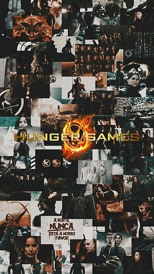 Hunger Games Cinematic Collage Wallpaper Featuring Katniss Everdeen and Mockingjay Symbol HD phone wallpaper