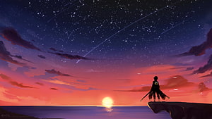 Attack on Titan Silhouette Standing on Cliff Edge Under Starry Night Sky with Shooting Stars HD wallpaper