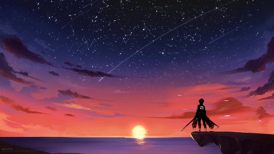 Attack on Titan Silhouette Standing on Cliff Edge Under Starry Night Sky with Shooting Stars HD wallpaper