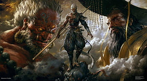 Sun Wukong Monkey King Fantasy Artwork with Mythical Beasts and Celestial Figures HD wallpaper