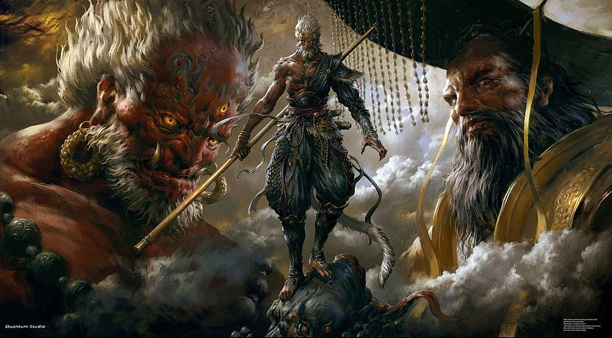 Sun Wukong Monkey King Fantasy Artwork with Mythical Beasts and Celestial Figures HD wallpaper