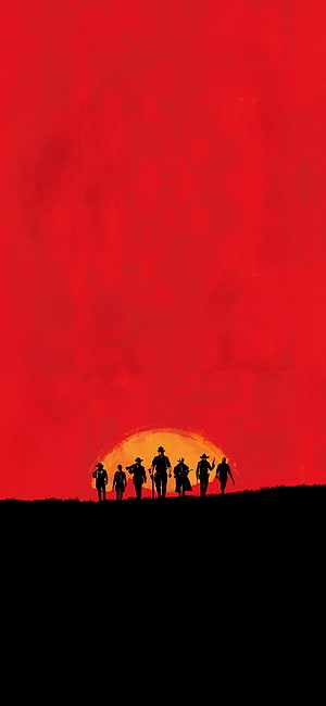 Red Dead Redemption 2 Gang Silhouettes Against Crimson Sunset Sky HD phone wallpaper