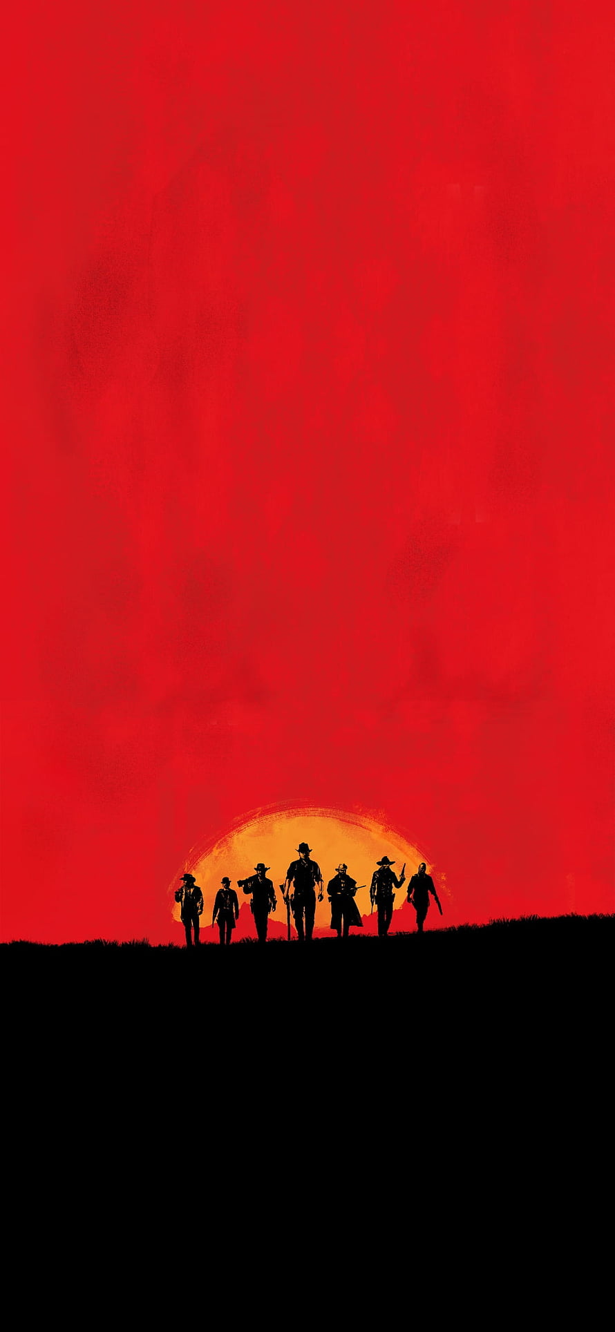 Red Dead Redemption 2 Gang Silhouettes Against Crimson Sunset Sky HD phone wallpaper