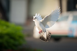 White Dove in Flight with Spread Wings Against a Softly Blurred Urban Background HD wallpaper