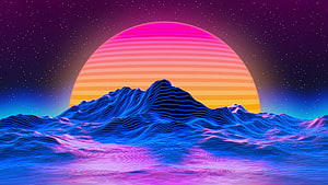 Retro Synthwave Mountain Landscape with Neon Sunset and Starry Sky HD wallpaper