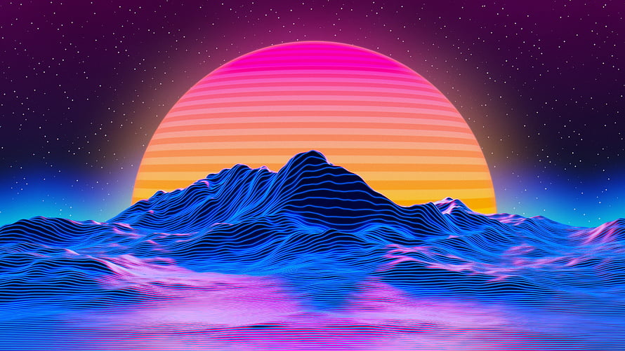 Retro Synthwave Mountain Landscape with Neon Sunset and Starry Sky HD wallpaper