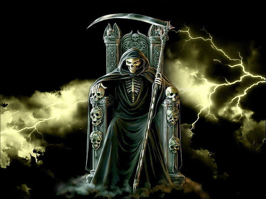 Yamraj the Grim Reaper Seated on a Skull Throne Amidst Lightning and Dark Storm Clouds HD wallpaper