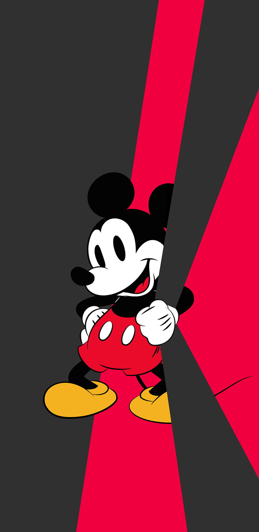 Mickey Mouse Peeking Through Red and Black Geometric Shapes HD phone wallpaper