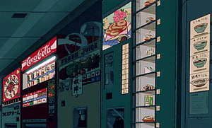 Retro 90s Anime Aesthetic Featuring Japanese Vending Machines and Nighttime Street Scene HD wallpaper