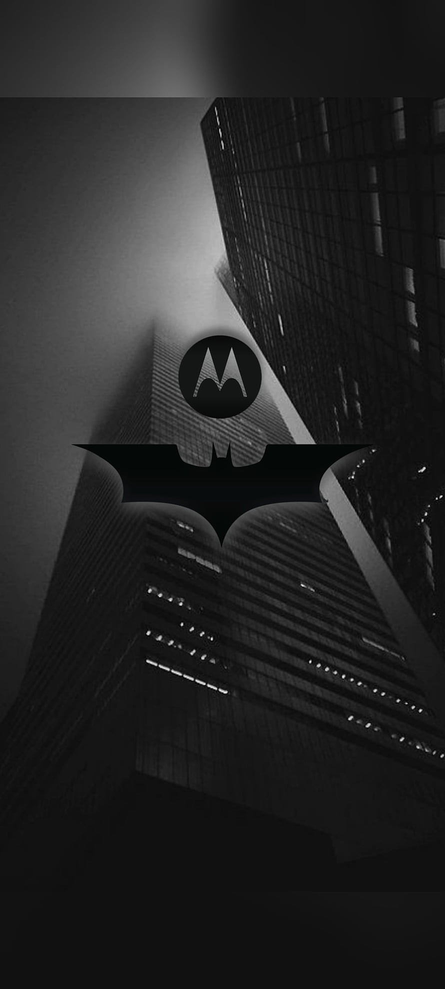 Batman and Motorola Logos Overlooking Dark City Skyscrapers HD phone wallpaper