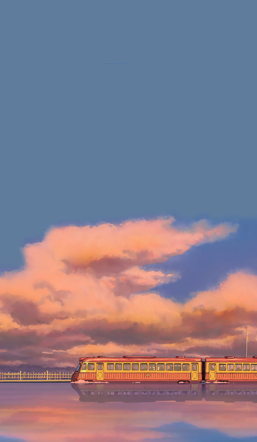 Studio Ghibli Style Train at Sunset with Pink Clouds and Water Reflection HD phone wallpaper