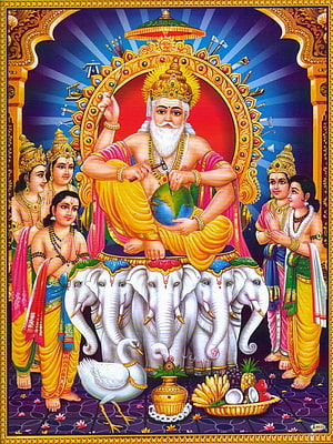 Vishwakarma Seated on Elephants Holding the Earth in Traditional Indian Art HD phone wallpaper