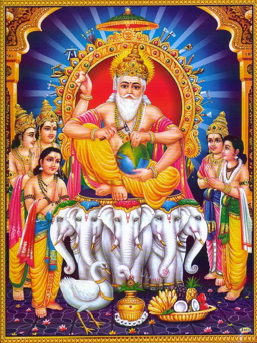 Vishwakarma Seated on Elephants Holding the Earth in Traditional Indian Art HD phone wallpaper