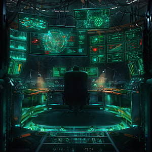 Futuristic Cyberpunk Control Room with Green Holographic Displays and Silhouetted Operator HD phone wallpaper