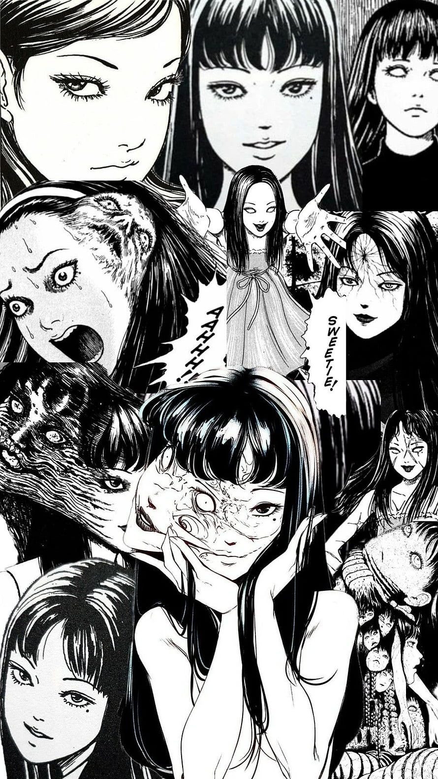 Tomie Horror Manga Collage Featuring Distorted Faces and Black and White Ink Art HD phone wallpaper
