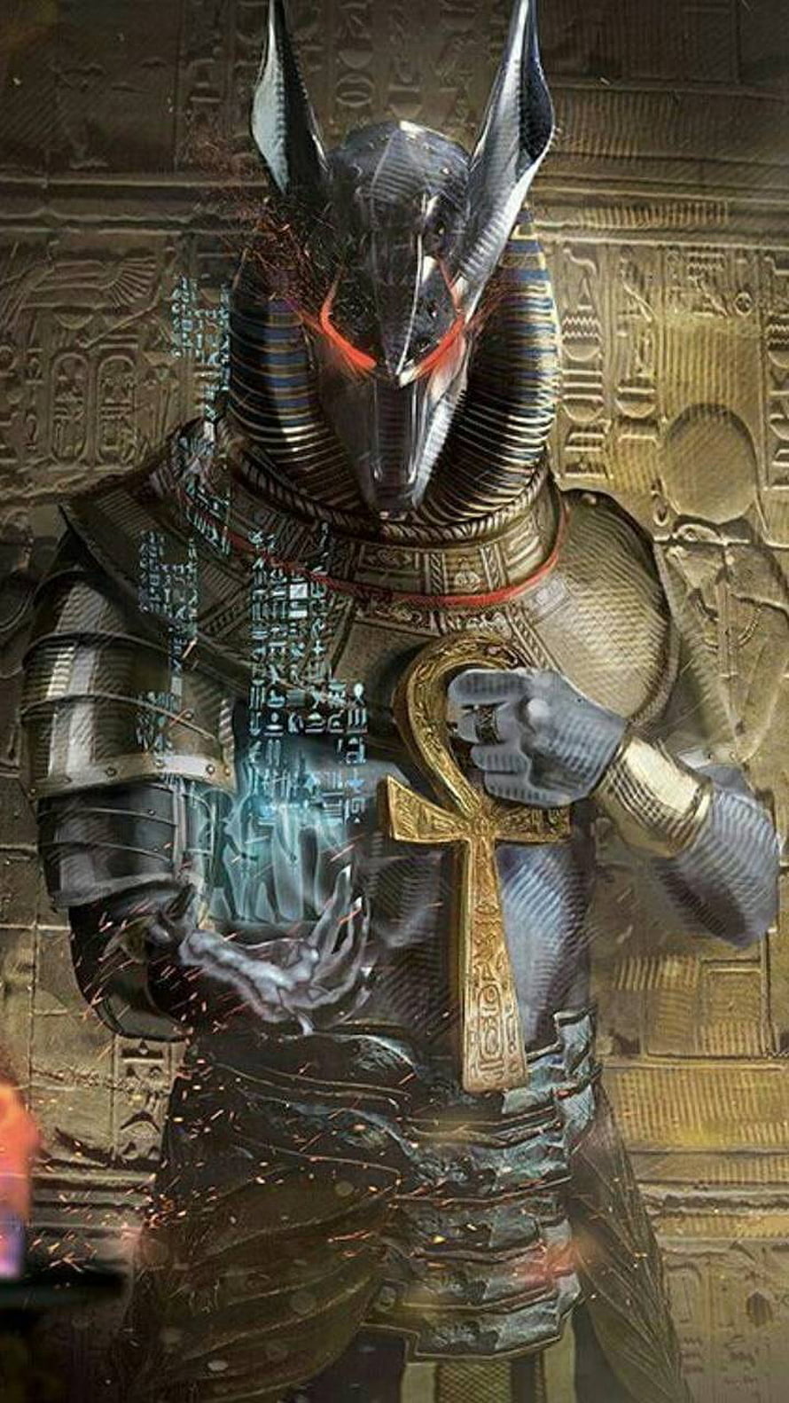 Anubis Digital Warrior in Egyptian Armor with Glowing Red Eyes and Ankh HD phone wallpaper