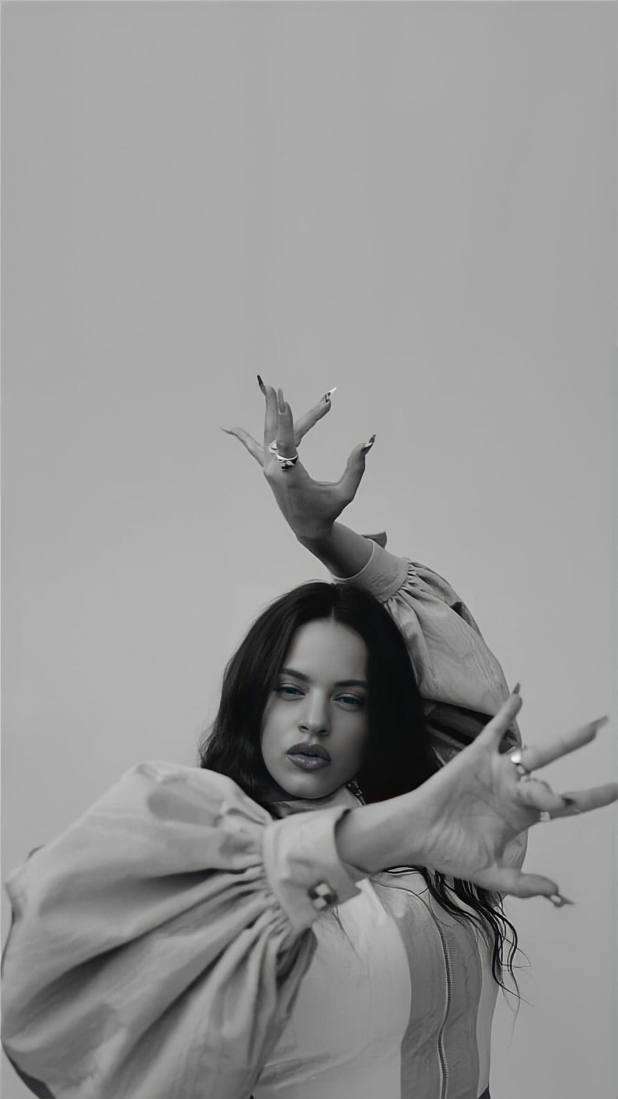 Rosalía Black and White Portrait with Dramatic Hand Gestures and Puffed Sleeves HD phone wallpaper
