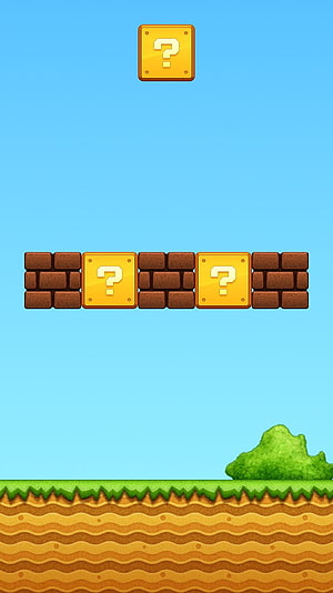 Super Mario Bros question block and brick platform scene on a bright blue sky background HD phone wallpaper