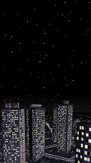 Dark Pixel Art Cityscape at Night with Starry Sky and Illuminated Skyscrapers HD phone wallpaper