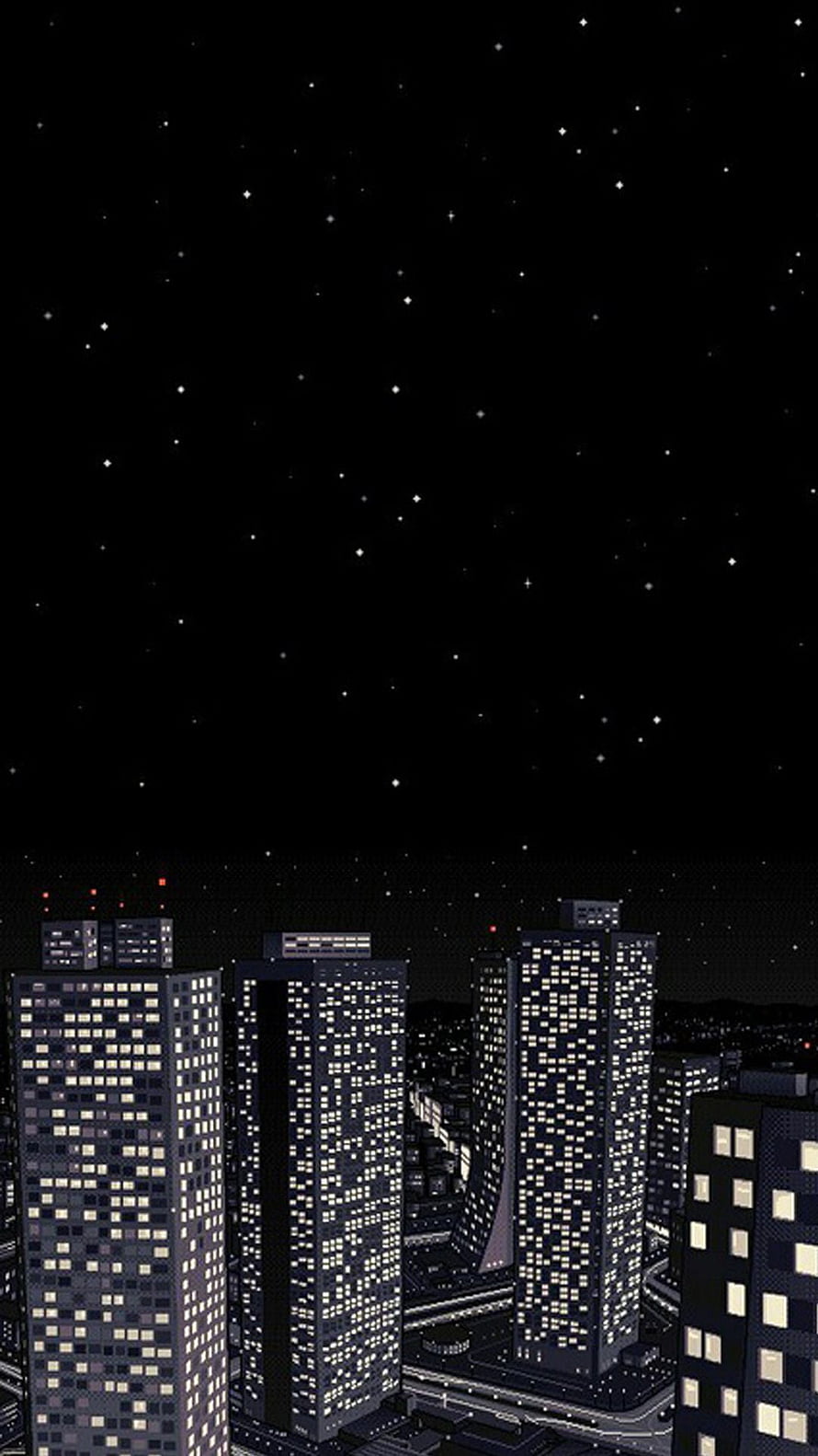 Dark Pixel Art Cityscape at Night with Starry Sky and Illuminated Skyscrapers HD phone wallpaper