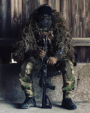Special Forces Operator in Ghillie Suit Holding Assault Rifle HD phone wallpaper