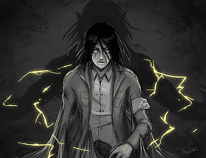 Eren Yeager Adult Form with Glowing Green Eyes and Yellow Energy Aura HD wallpaper