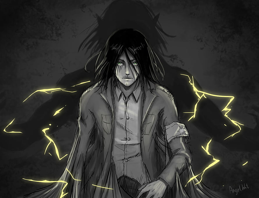 Eren Yeager Adult Form with Glowing Green Eyes and Yellow Energy Aura HD wallpaper