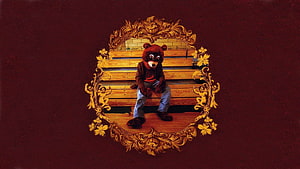Kanye West in Bear Costume Seated on Wooden Bench Inside Ornate Gold Frame HD wallpaper