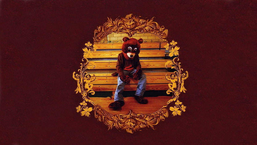 Kanye West in Bear Costume Seated on Wooden Bench Inside Ornate Gold Frame HD wallpaper