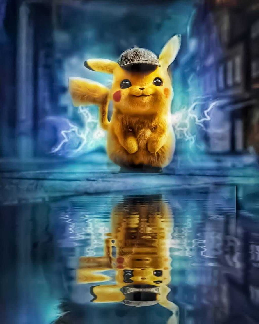 Detective Pikachu in a Rainy City Street with Electric Sparks and Water Reflection HD phone wallpaper