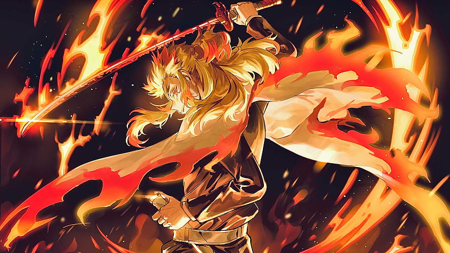 Rengoku Kyojuro Swinging Flame Katana in Demon Slayer Anime Artwork HD wallpaper