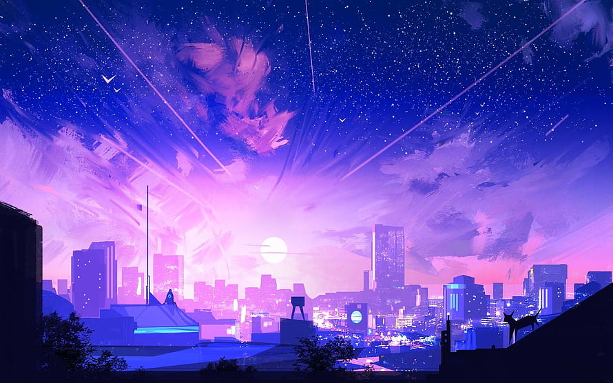Stylized Cityscape Under a Starry Night Sky with Shooting Stars and a Glowing Moon HD wallpaper