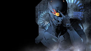 Gray Fox from Metal Gear Solid in a dark tactical pose with glowing orange visor and holographic HUD overlays HD wallpaper