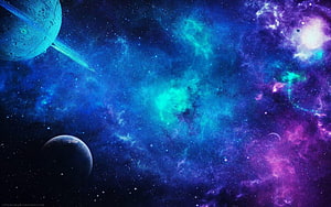 Vibrant Cosmic Nebula with Ringed Planets and Star Fields in Deep Space HD wallpaper