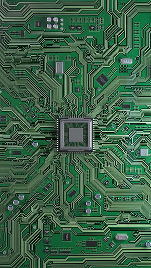 Green Printed Circuit Board with Central Processor Chip and Traces HD phone wallpaper