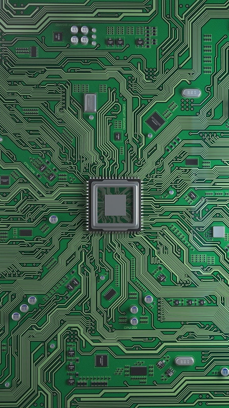 Green Printed Circuit Board with Central Processor Chip and Traces HD phone wallpaper