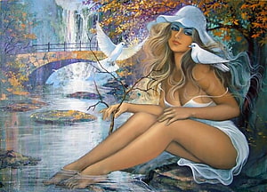 Fantasy Woman in White Dress with Doves by a Waterfall and Stone Bridge HD wallpaper
