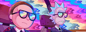 Rick and Morty Animated Car Scene with Vibrant Rainbow Sky and Retro Sunglasses HD wallpaper