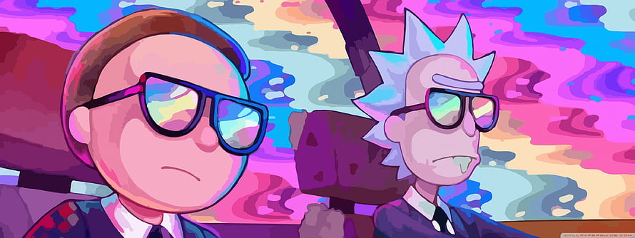 Rick and Morty Animated Car Scene with Vibrant Rainbow Sky and Retro Sunglasses HD wallpaper