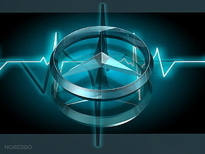 Glowing Mercedes-Benz Star Emblem with Neon Pulse Line on Dark Background HD wallpaper