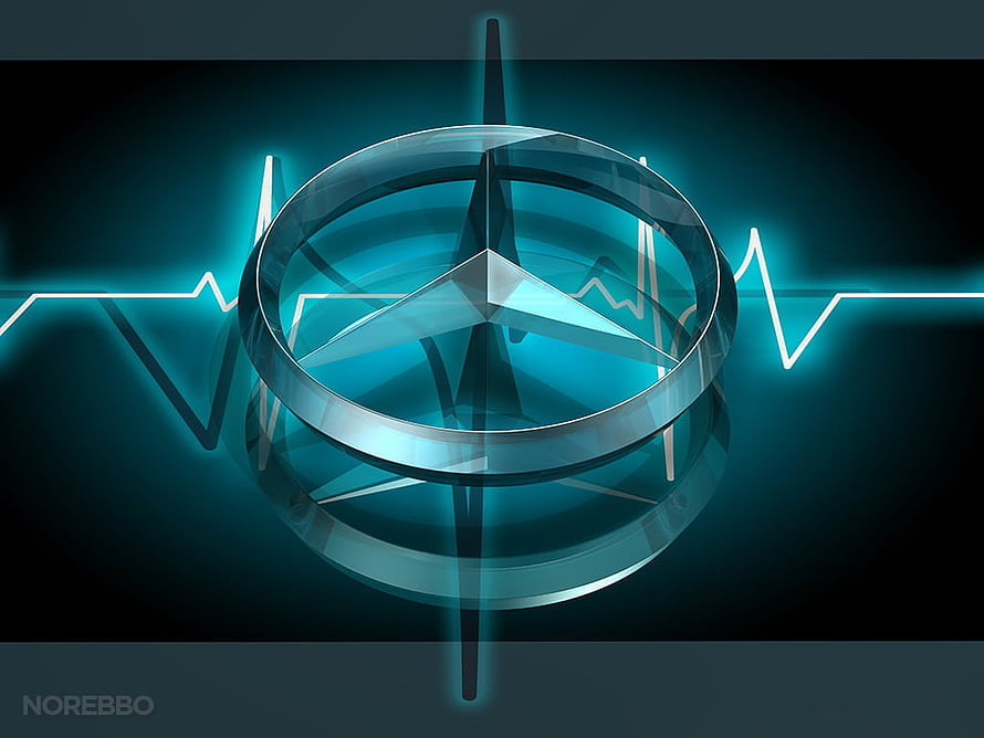 Glowing Mercedes-Benz Star Emblem with Neon Pulse Line on Dark Background HD wallpaper