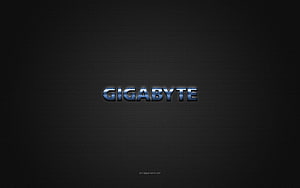 Gigabyte metallic blue logo on dark carbon fiber textured background HD wallpaper