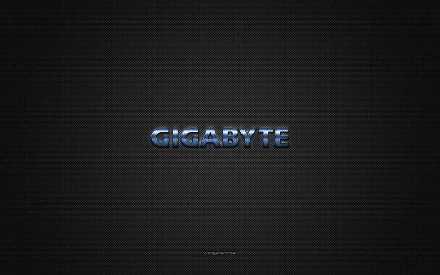 Gigabyte metallic blue logo on dark carbon fiber textured background HD wallpaper