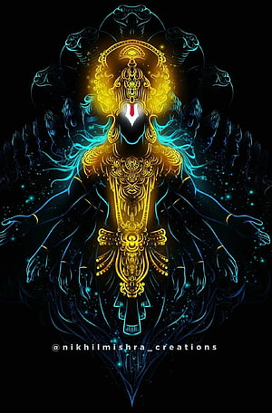 Glowing Golden Hindu Deity with Multiple Arms and Serpent Hoods on Black Background HD phone wallpaper