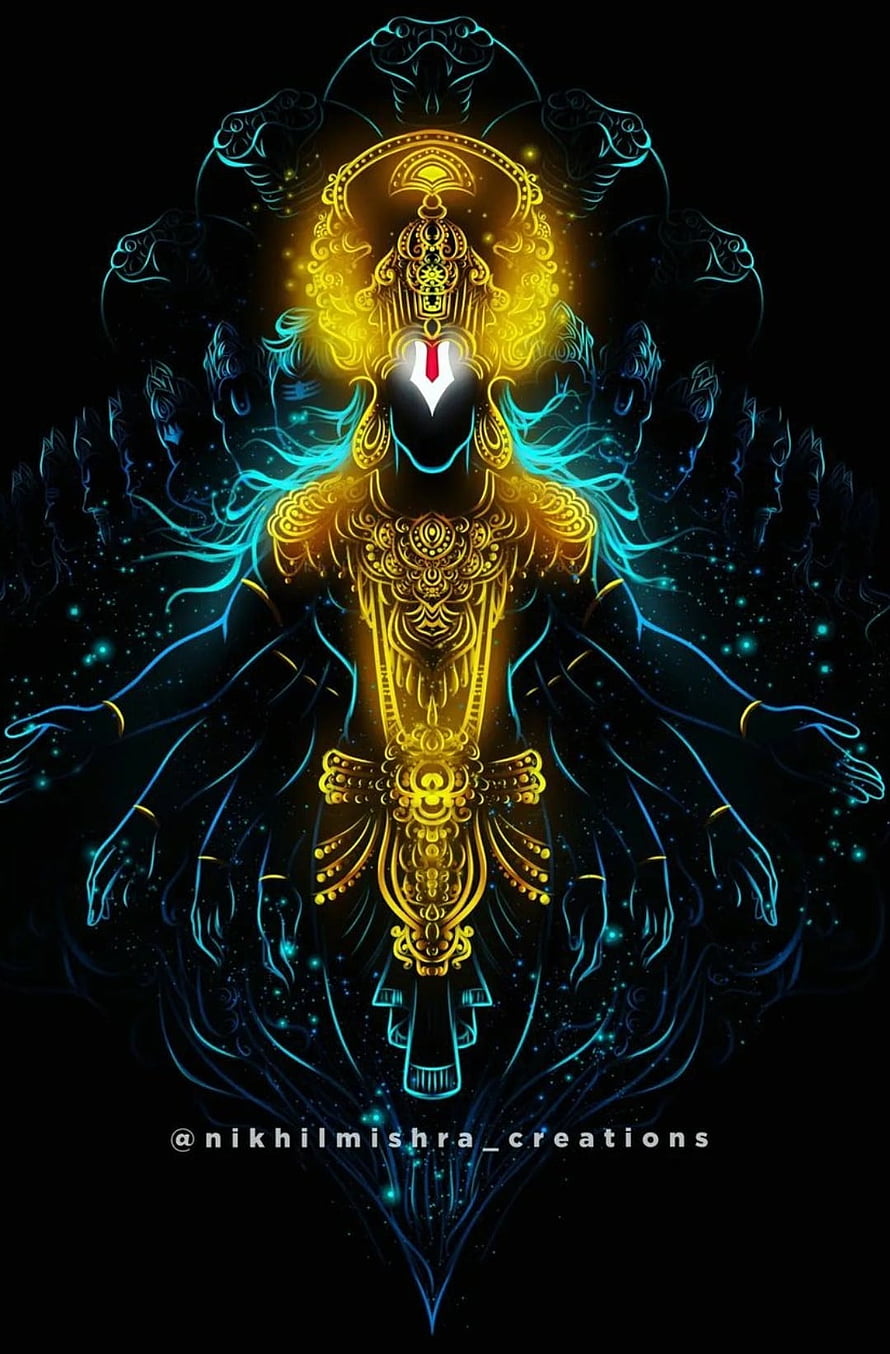 Glowing Golden Hindu Deity with Multiple Arms and Serpent Hoods on Black Background HD phone wallpaper