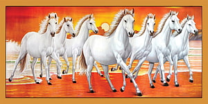 Seven White Horses Running at Sunset Vastu Painting HD wallpaper