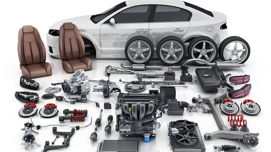 Exploded View of Modern Sedan with Engine, Suspension, and Interior Components HD wallpaper