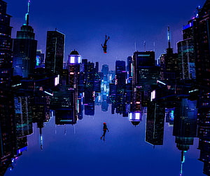 Spider-Man: Into the Spider-Verse Digital Artwork with Neon Cityscape and Floating Characters HD wallpaper