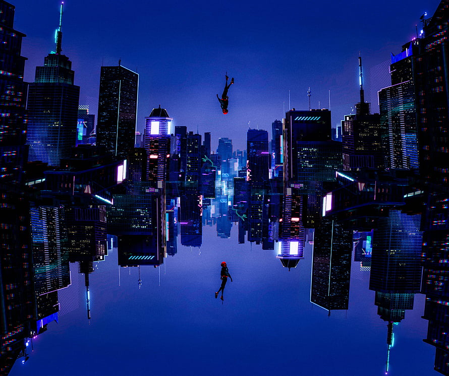 Spider-Man: Into the Spider-Verse Digital Artwork with Neon Cityscape and Floating Characters HD wallpaper