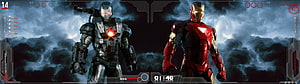 Iron Man and War Machine facing off in a dark stormy sky with futuristic HUD interface overlay HD wallpaper